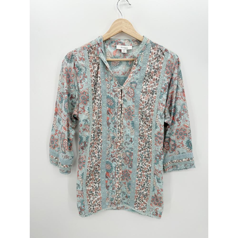 Dressbarn Women 1X Blue Floral Cotton Blouse 3/4 Sleeve Lace Boho Peasant Top